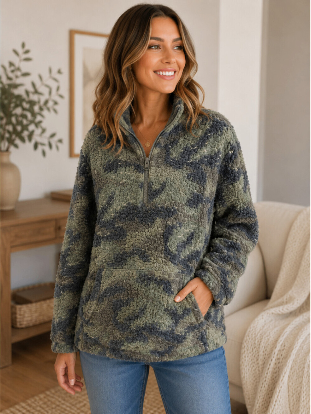 American Eagle Outfitters Womens Camo Sherpa Fleece Quarter-Zip Pullover
